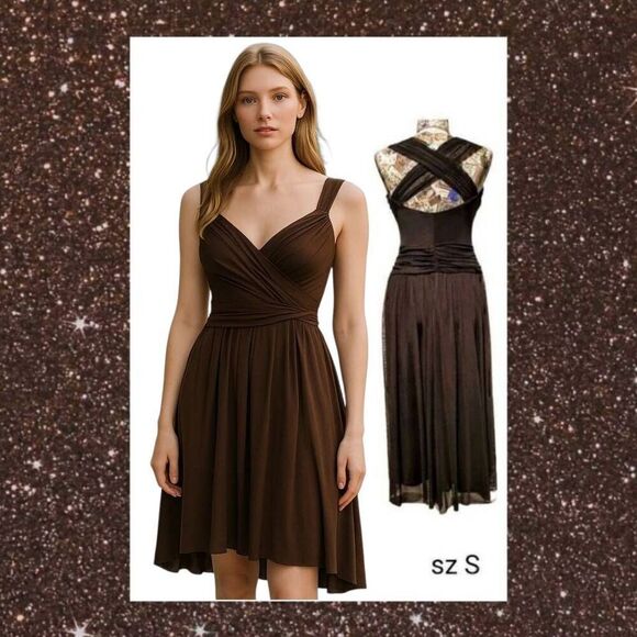 Formal Brown Satin Cocktail Party Hi Lo Dress - Picture 1 of 12